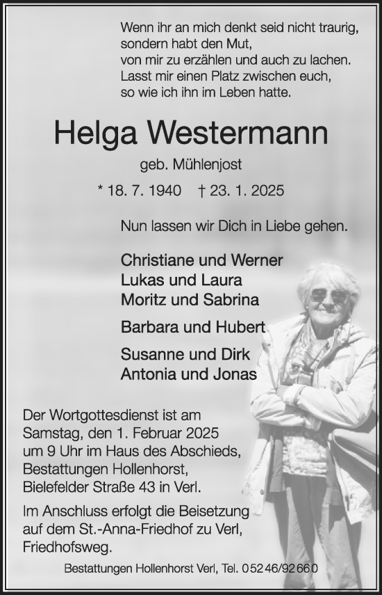 Traueranzeige von Helga Westermann von Die Glocke