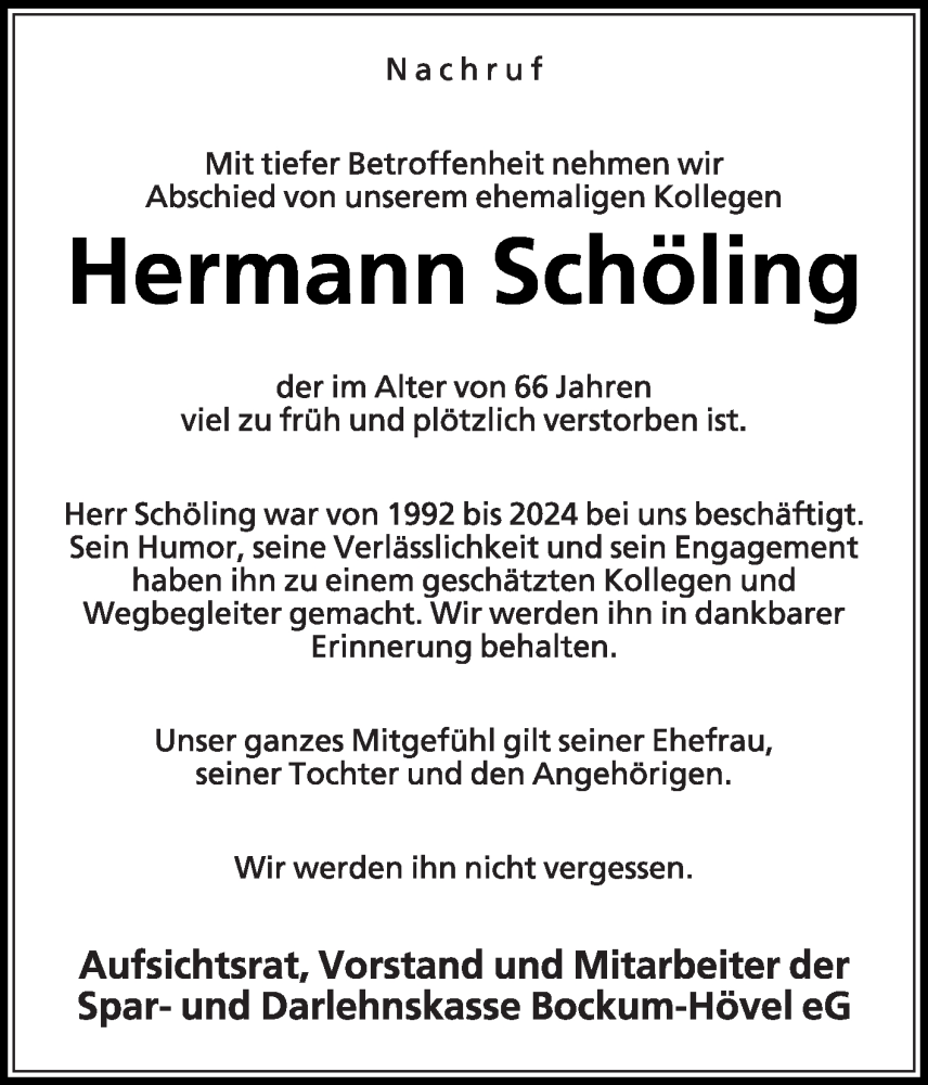  Traueranzeige für Hermann Schöling vom 18.01.2025 aus Die Glocke