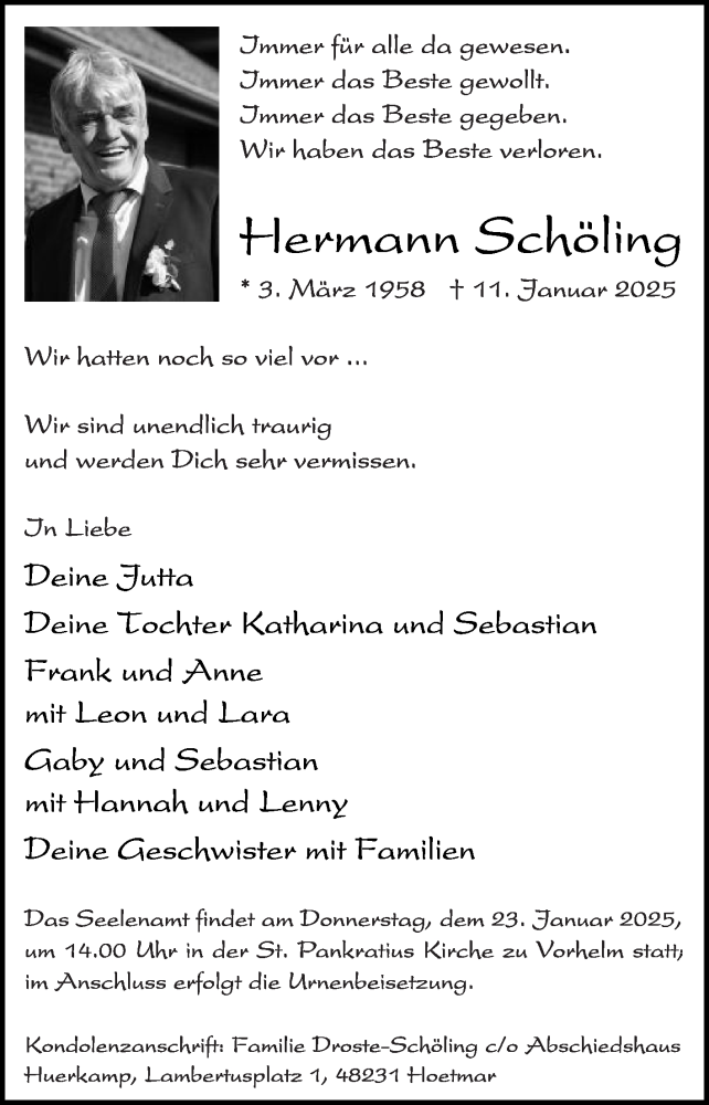  Traueranzeige für Hermann Schöling vom 18.01.2025 aus Die Glocke