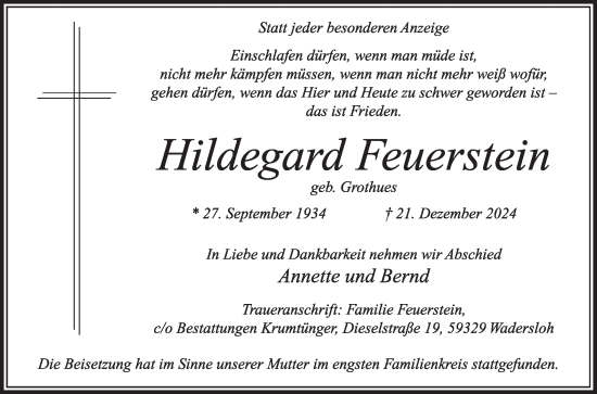 Traueranzeige von Hildegard Feuerstein von Die Glocke