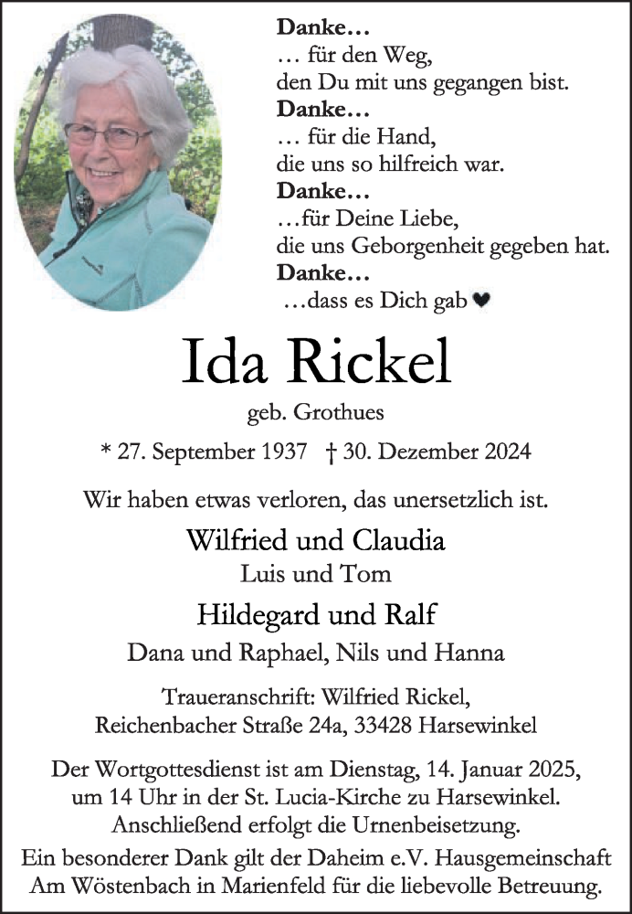  Traueranzeige für Ida Rickel vom 04.01.2025 aus Die Glocke