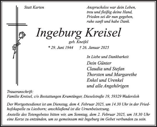 Traueranzeige von Ingeburg Kreisel von Die Glocke