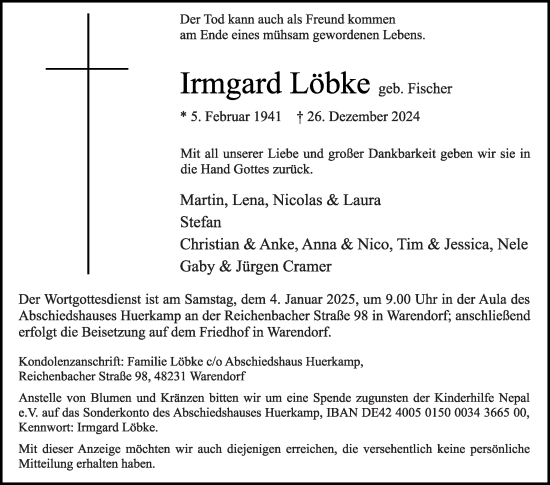 Traueranzeige von Irmgard Löbke von Die Glocke