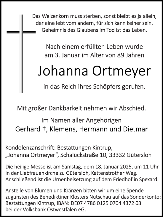 Traueranzeige von Johanna Ortmeyer von Die Glocke