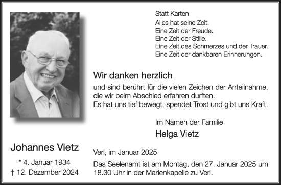 Traueranzeige von Johannes Vietz von Die Glocke