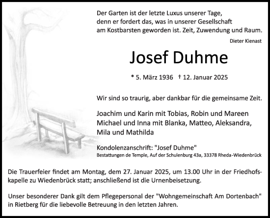 Traueranzeige von Josef Duhme von Die Glocke