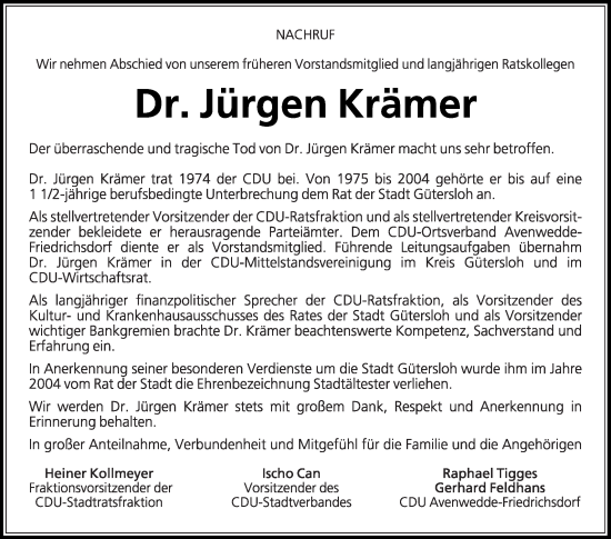 Traueranzeige von Jürgen Krämer von Die Glocke