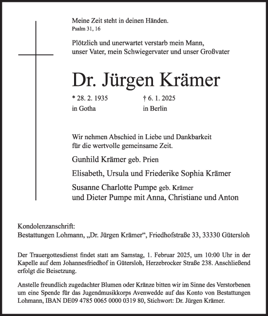 Traueranzeige von Jürgen Krämer von Die Glocke