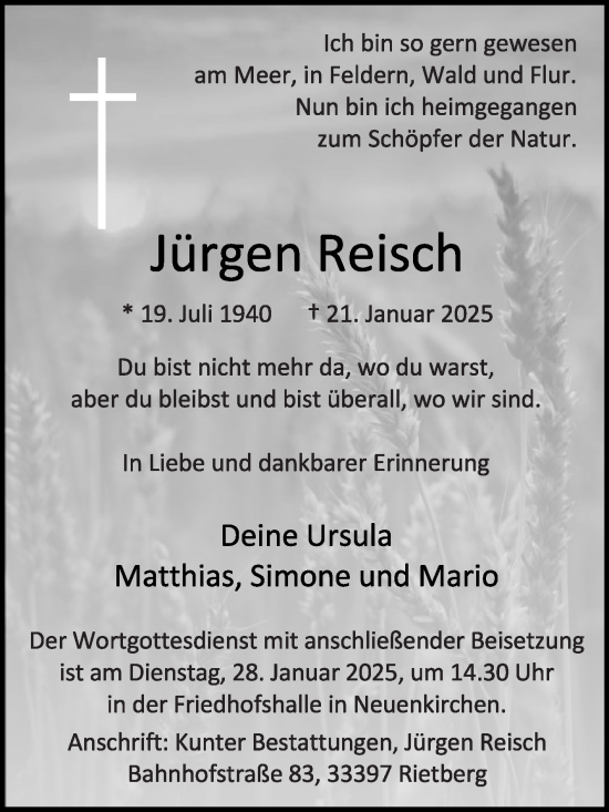 Traueranzeige von Jürgen Reisch von Die Glocke