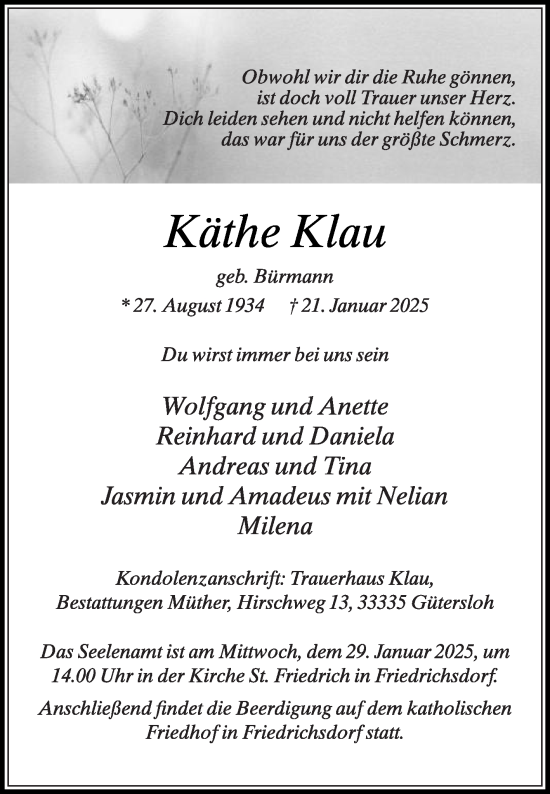 Traueranzeige von Käthe Klau von Die Glocke