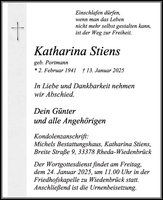 Traueranzeige von Katharina Stiens von Die Glocke