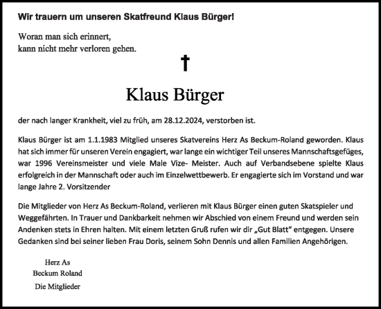 Traueranzeige von Klaus Bürger von Die Glocke
