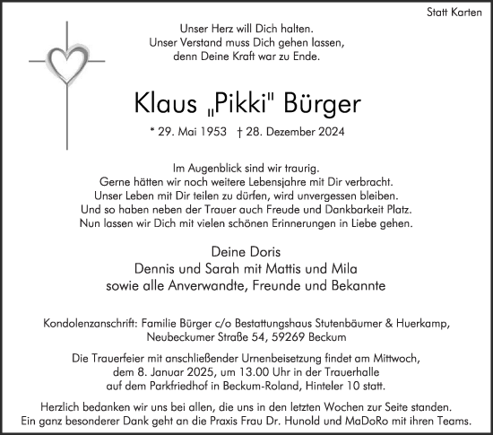 Traueranzeige von Klaus Bürger von Die Glocke