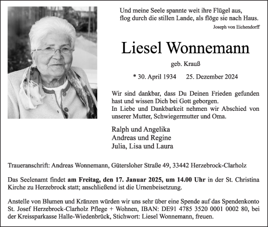 Traueranzeige von Liesel Wonnemann von Die Glocke