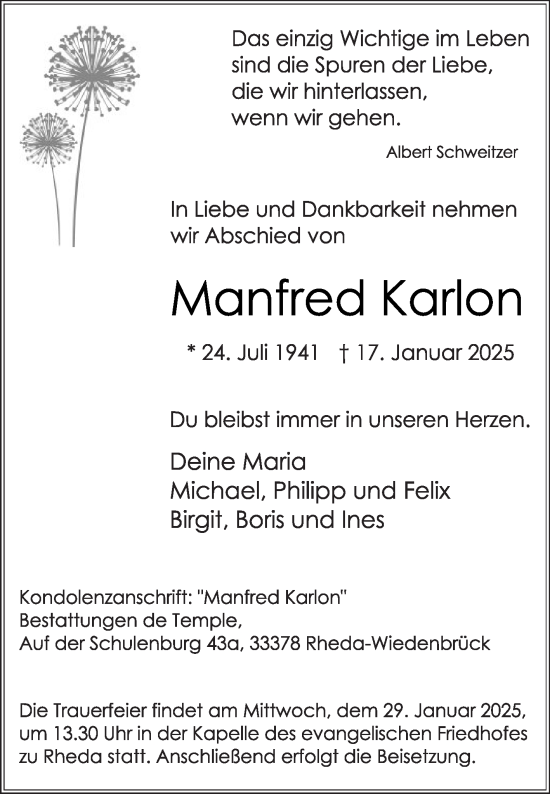 Traueranzeige von Manfred Karlon von Die Glocke