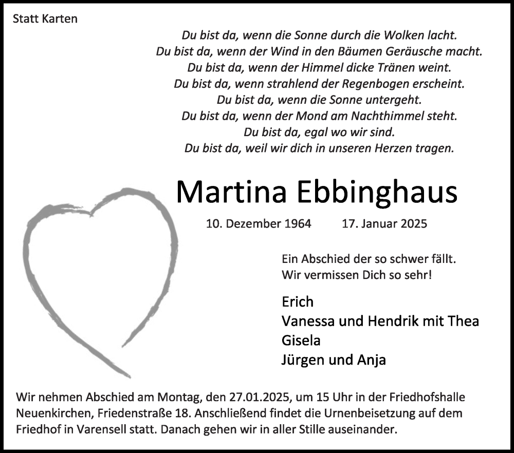  Traueranzeige für Martina Ebbinghaus vom 22.01.2025 aus Die Glocke