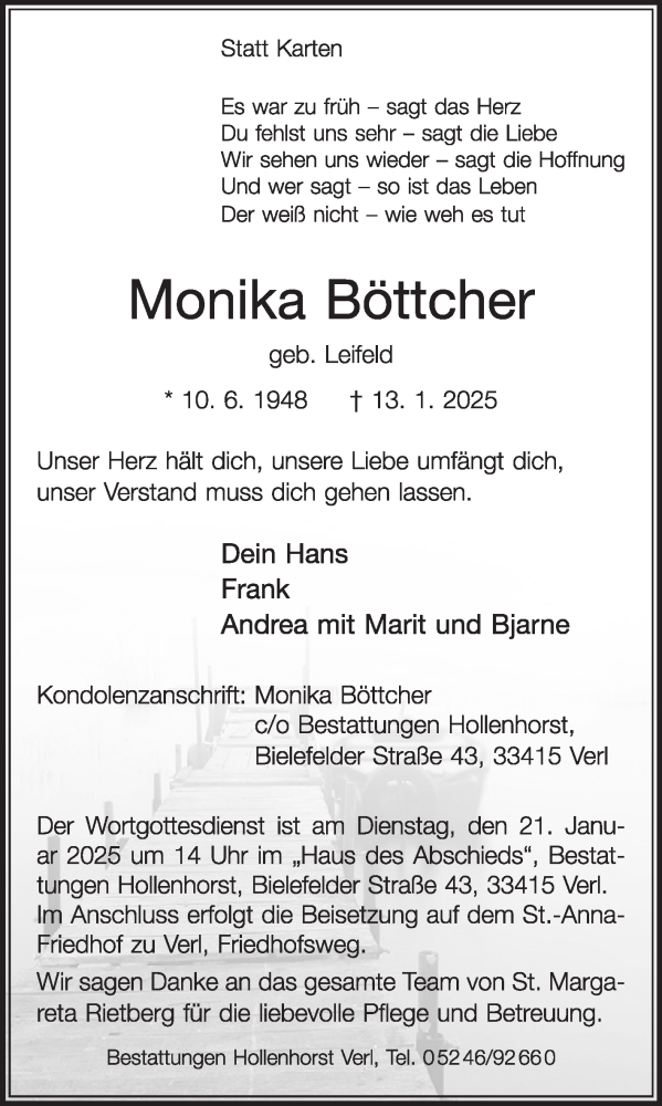  Traueranzeige für Monika Böttcher vom 18.01.2025 aus Die Glocke