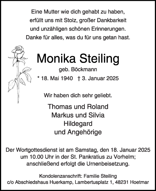 Traueranzeige von Monika Steiling von Die Glocke