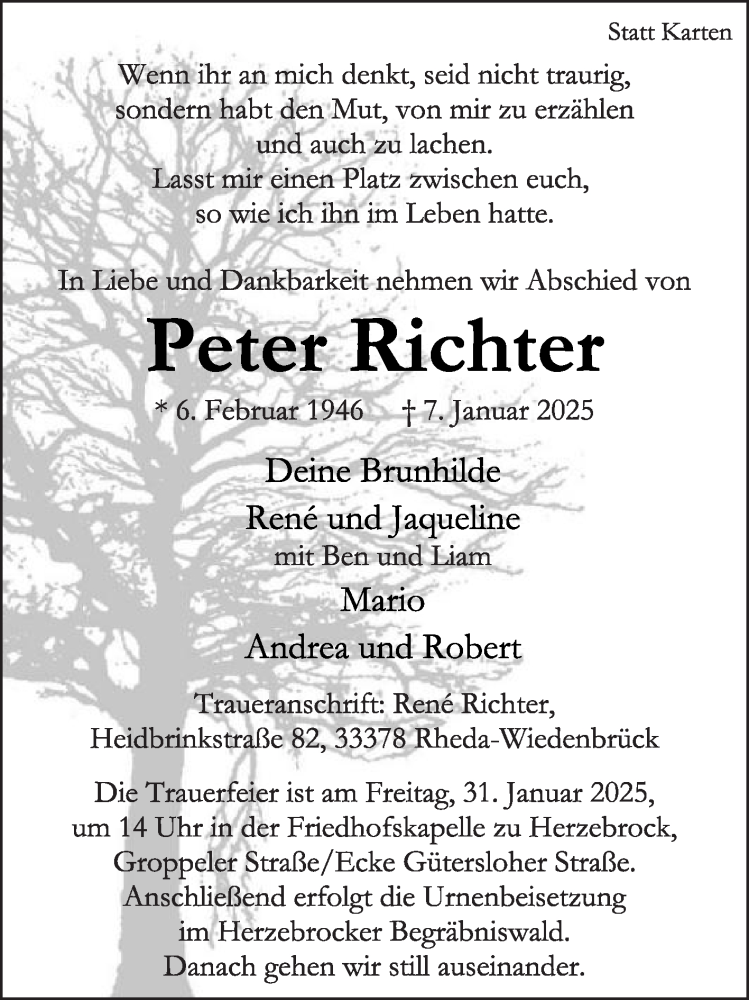  Traueranzeige für Peter Richter vom 18.01.2025 aus Die Glocke