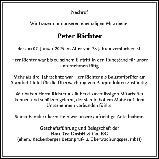 Traueranzeige von Peter Richter von Die Glocke