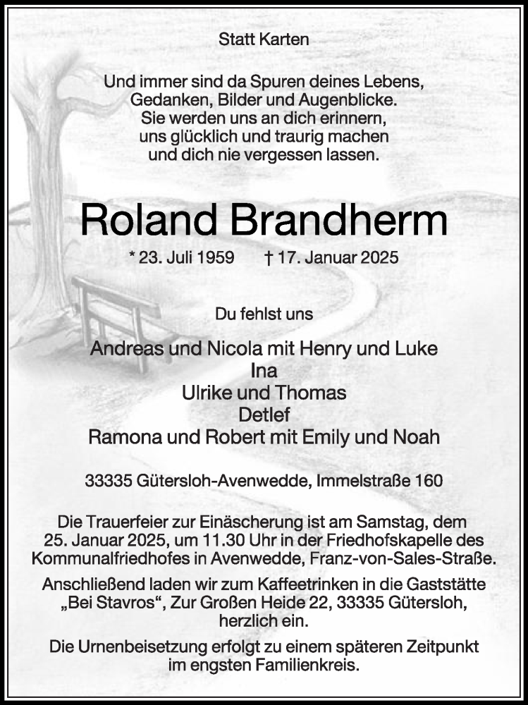  Traueranzeige für Roland Brandherm vom 22.01.2025 aus Die Glocke