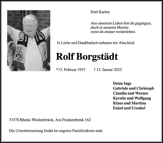 Traueranzeige von Rolf Borgstädt von Die Glocke