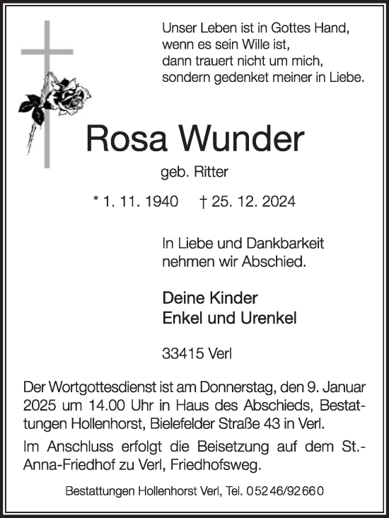 Traueranzeige von Rosa Wunder von Die Glocke