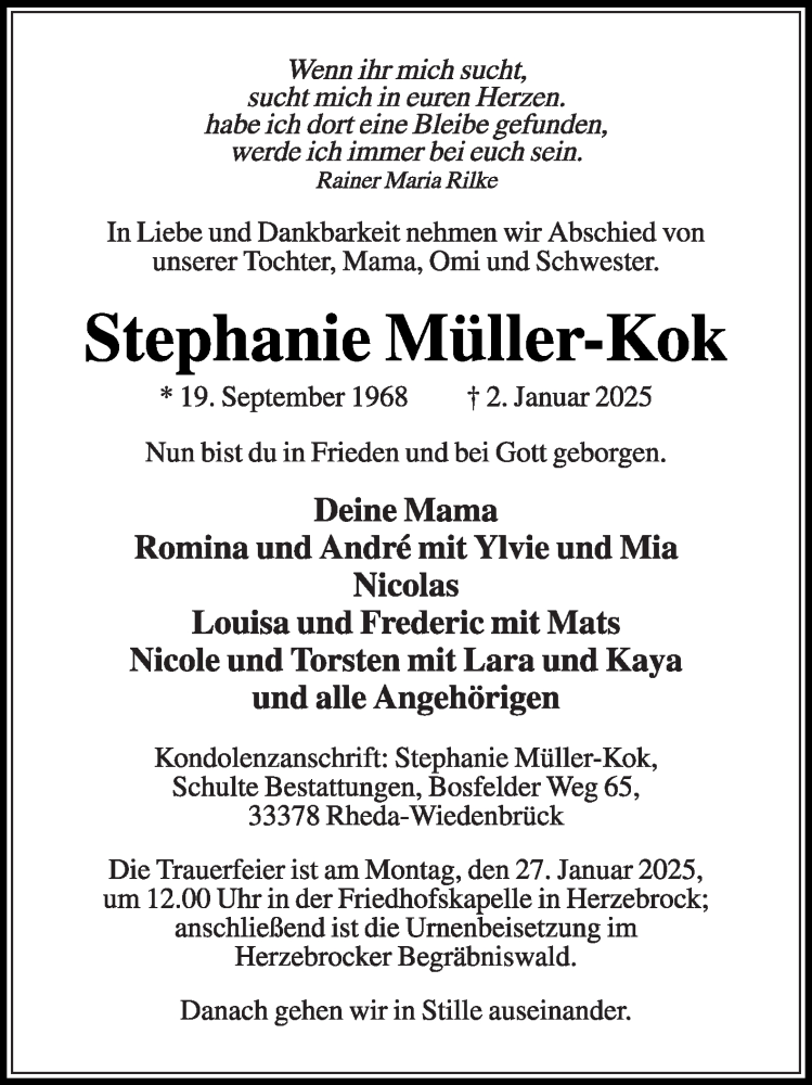  Traueranzeige für Stephanie Müller-Kok vom 11.01.2025 aus Die Glocke