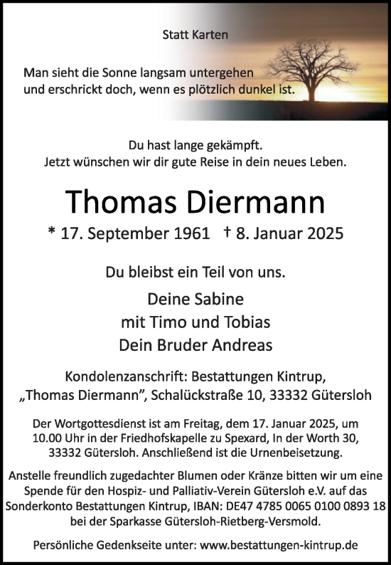 Traueranzeige von Thomas Diermann von Die Glocke