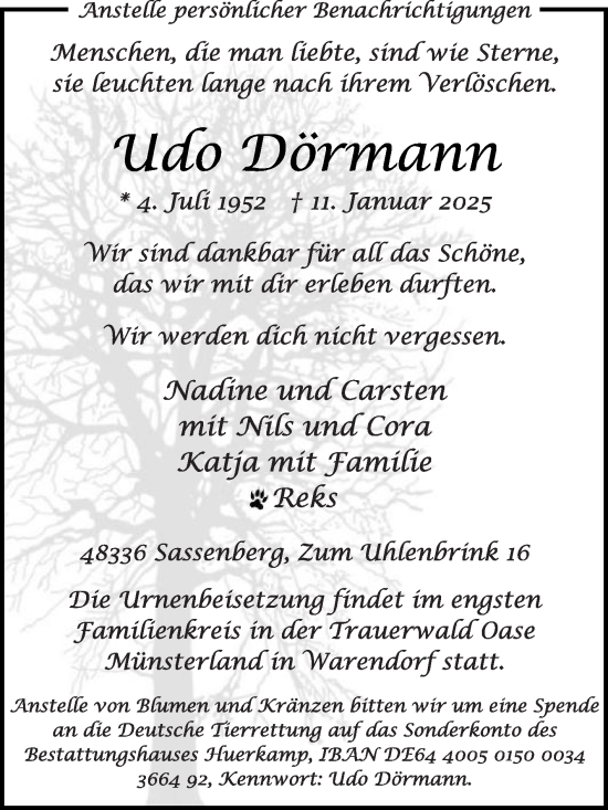 Traueranzeige von Udo Dörmann von Die Glocke