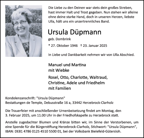 Traueranzeige von Ursula Düpmann von Die Glocke