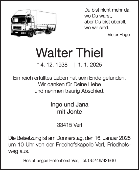 Traueranzeige von Walter Thiel von Die Glocke