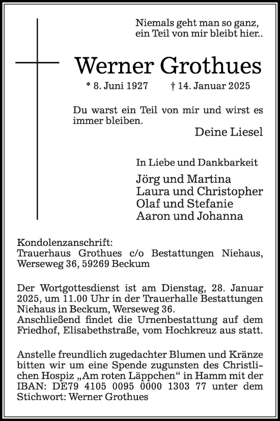 Traueranzeige von Werner Grothues von Die Glocke