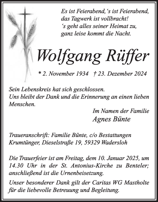 Traueranzeige von Wolfgang Rüffer von Die Glocke