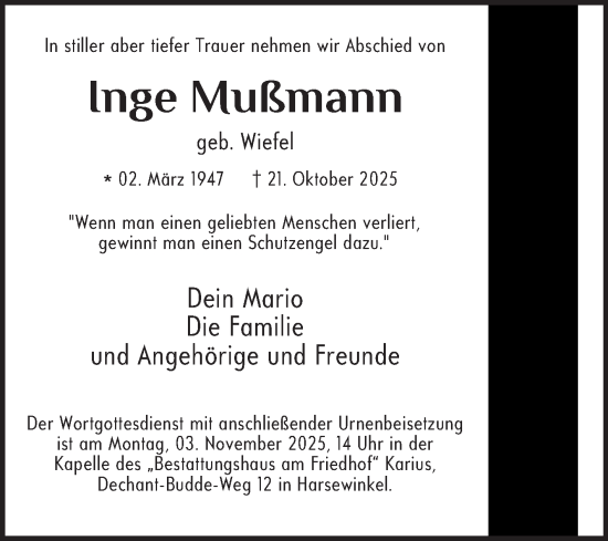 Traueranzeige von Inge Mußmann von Die Glocke