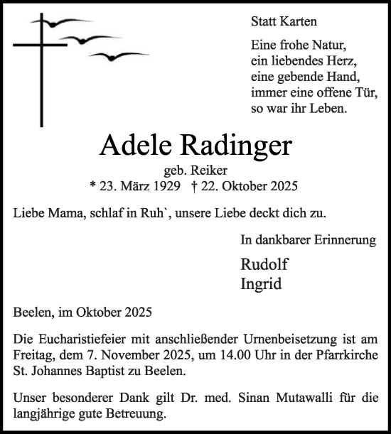 Traueranzeige von Adele Radinger von Die Glocke