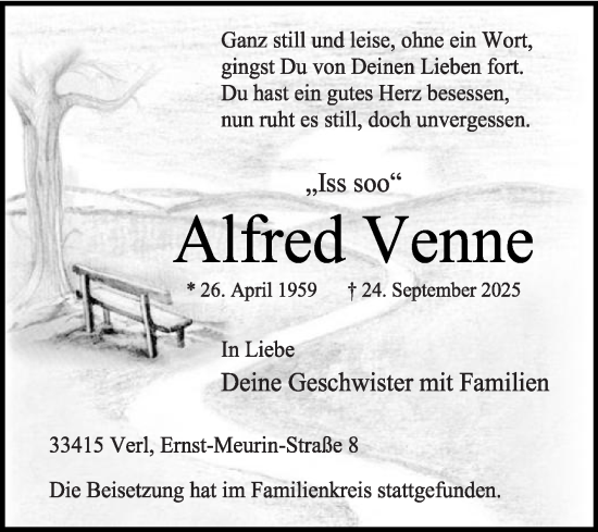 Traueranzeige von Alfred Venne von Die Glocke