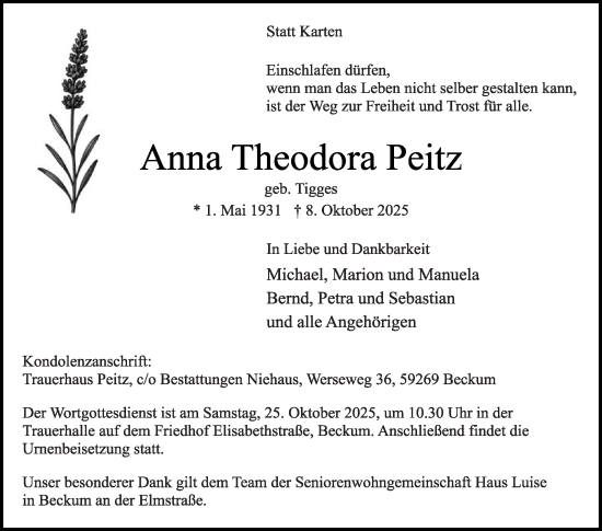 Traueranzeige von Anna Theodora Peitz von Die Glocke