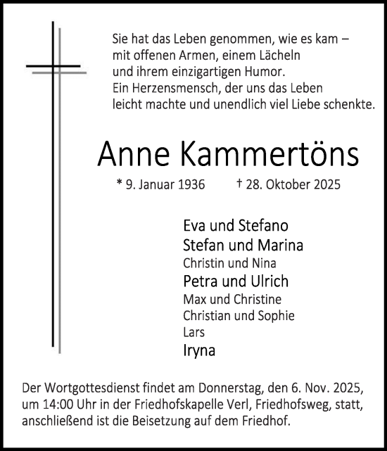 Traueranzeige von Anne Kammertöns von Die Glocke
