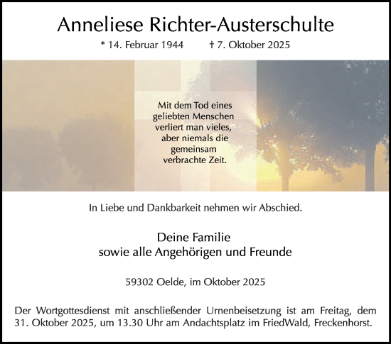 Traueranzeige von Anneliese Richter-Austerschulte von Die Glocke