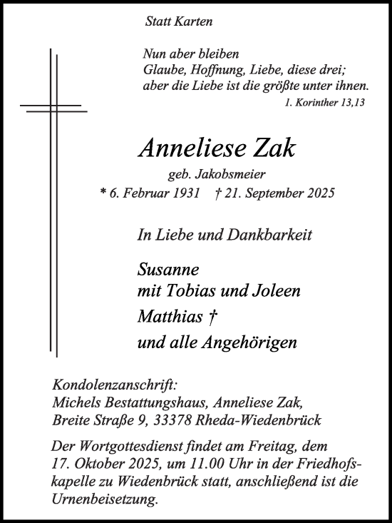 Traueranzeige von Anneliese Zak von Die Glocke