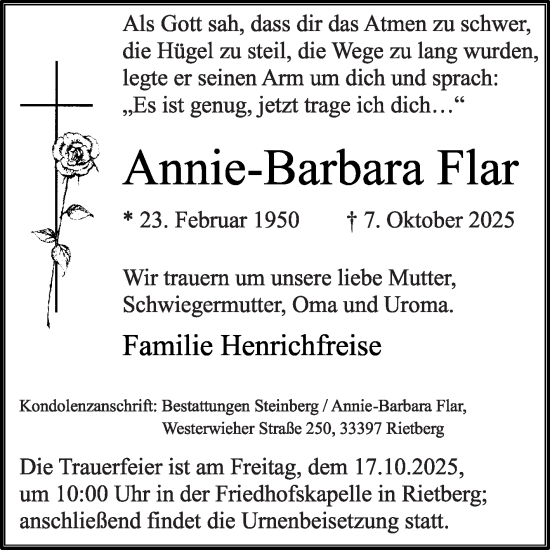 Traueranzeige von Annie-Barbara Flar von Die Glocke