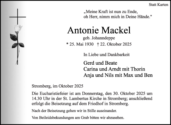 Traueranzeige von Antonie Mackel von Die Glocke
