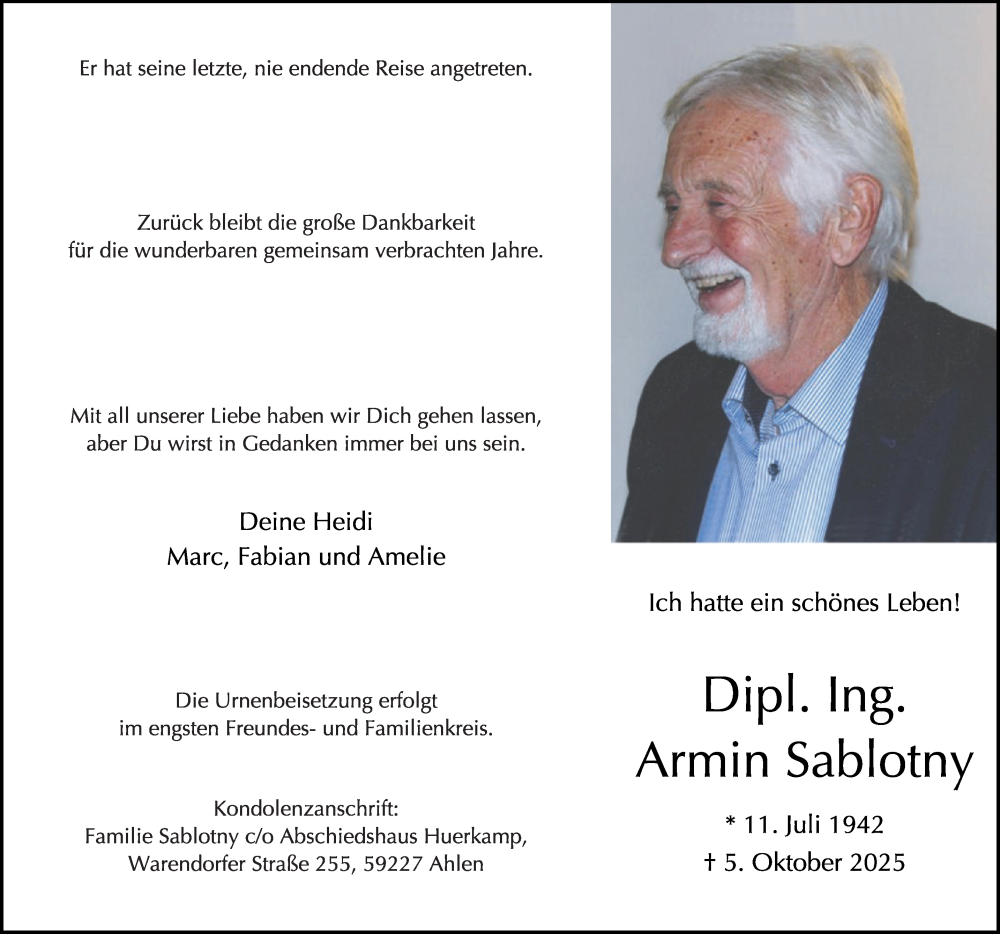  Traueranzeige für Armin Sablotny vom 18.10.2025 aus Die Glocke