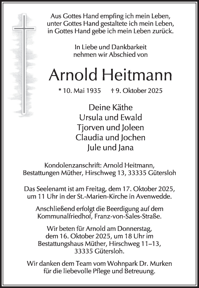  Traueranzeige für Arnold Heitmann vom 14.10.2025 aus Die Glocke