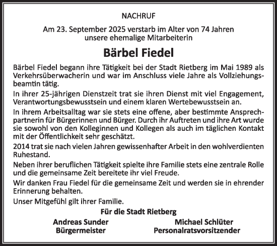 Traueranzeige von Bärbel Fiedel von Die Glocke