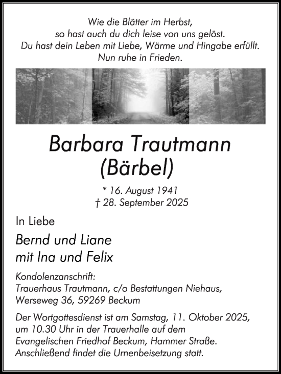 Traueranzeige von Barbara Trautmann von Die Glocke