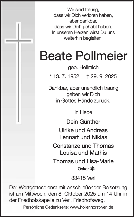 Traueranzeige von Beate Pollmeier von Die Glocke