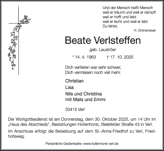 Traueranzeige von Beate Verlsteffen von Die Glocke
