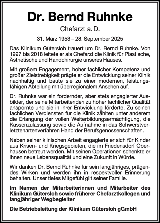 Traueranzeige von Bernd Ruhnke von Die Glocke